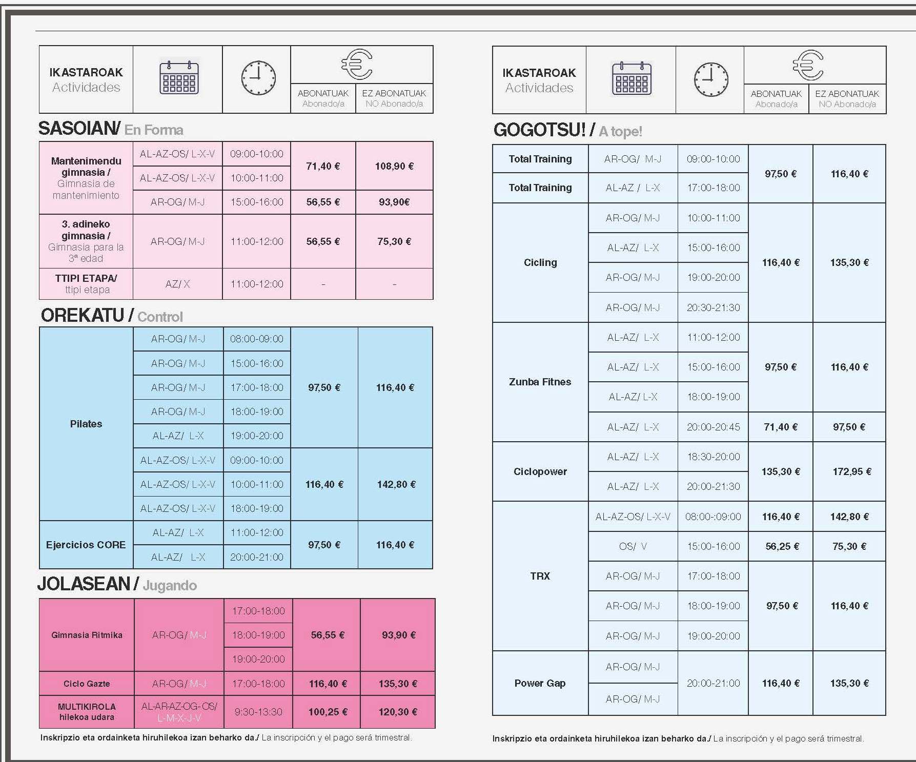 2021eko Ikastaroak eta abonuak